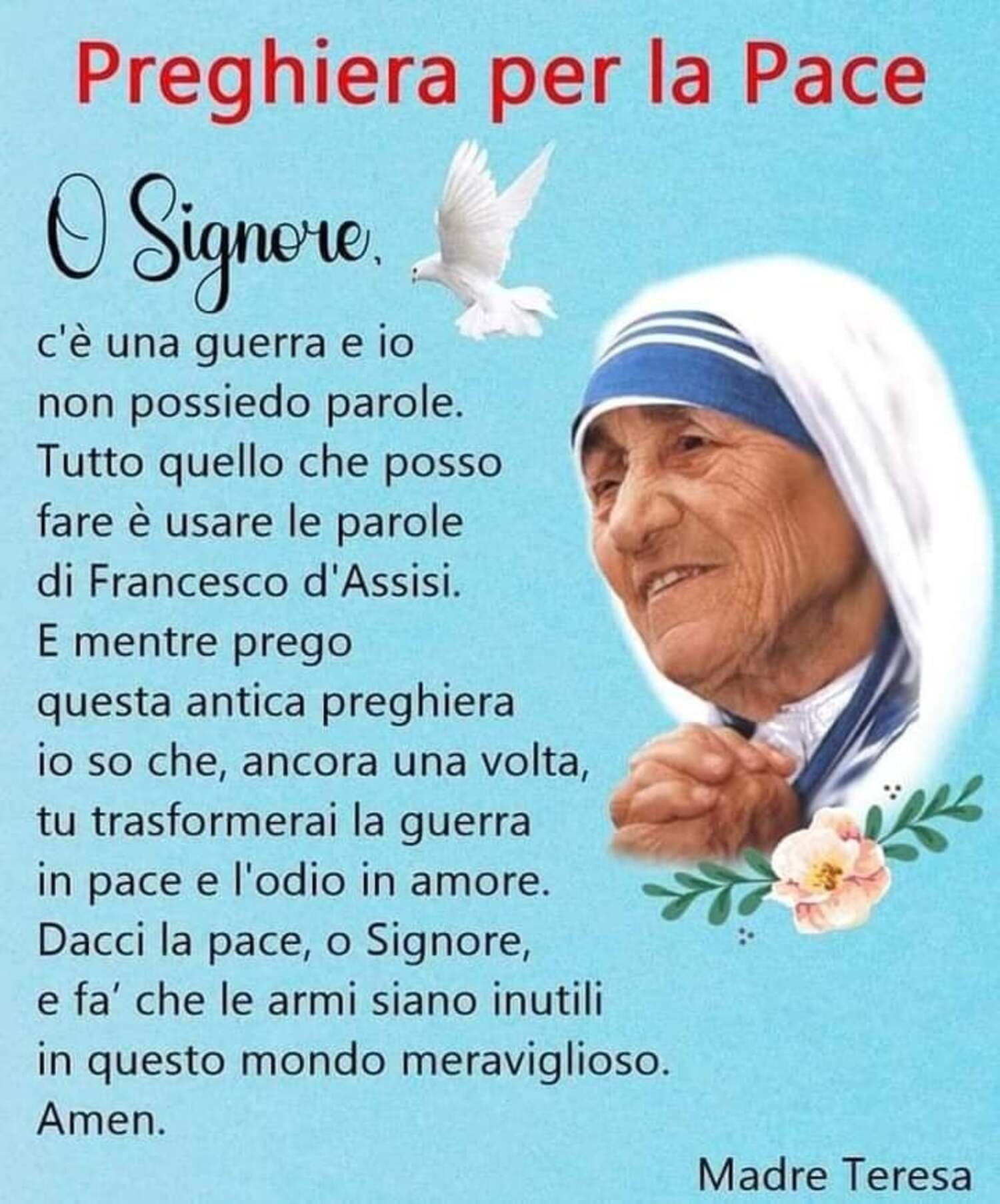 Preghiera Per La Pace Per Bambini Immagini e frasi di Madre Teresa di Calcutta - DioViBenedica.it