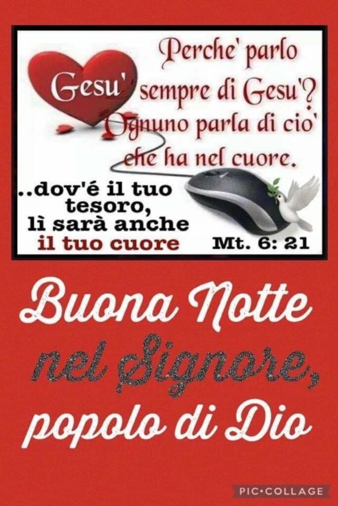 Perché parlo sempre di Gesù? Ognuno parla di ciò che ha nel cuore. Dov'è il tuo tesoro, lì sarà anche il tuo cuore. (Mt. 6:21) Buona Notte nel Signore, popolo di Dio